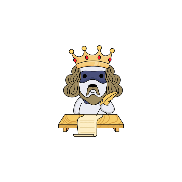 Dog King Writing with Quill Pen